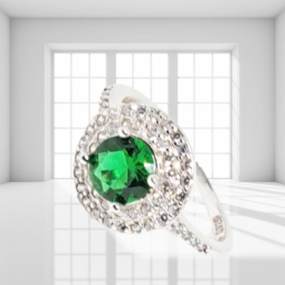 Created Emerald & Diamonds Sterling Silver Ring. NWOT